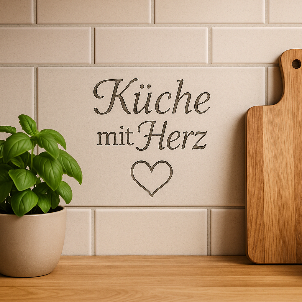 Küche mit Herz Gravur auf Fliesen